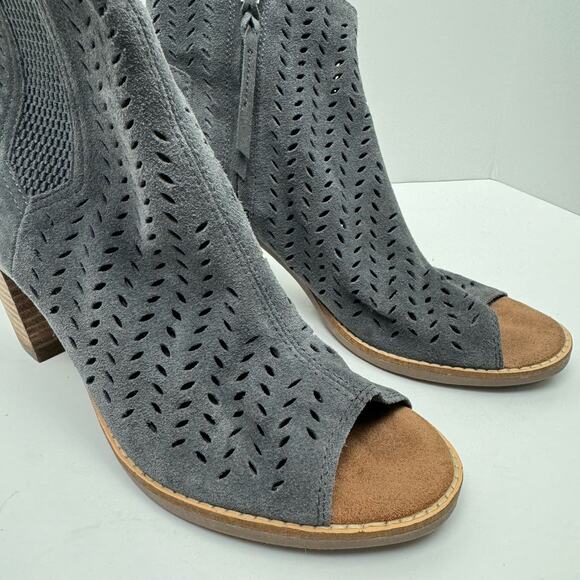 TOMS Majorca Gray Suede Leather Perforated Open Toe Ankle Bootie Heeled Sandals - Picture 8 of 12